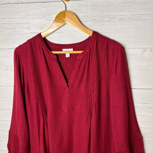 J Jill Tunic Dress Womens Size Large Red Burgundy Pintucked V Neck Long Sleeve - Picture 5 of 16